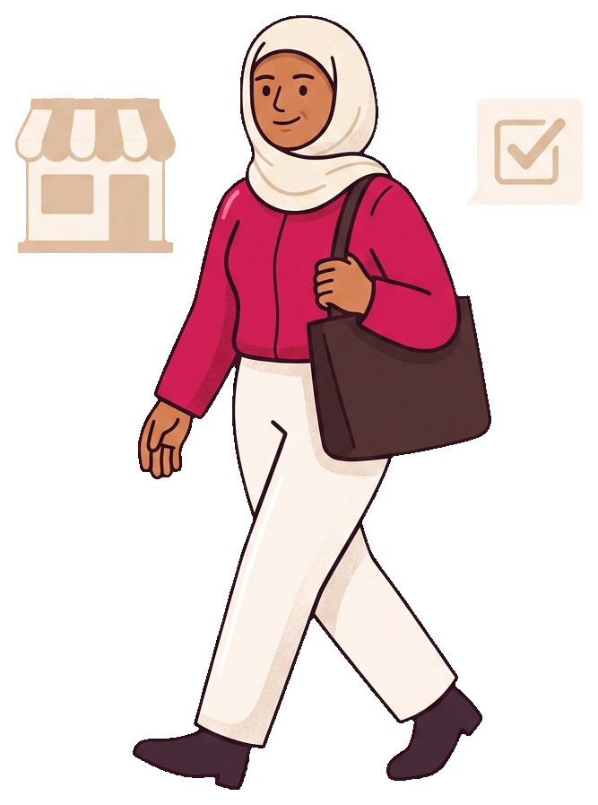خارجة والشنطة على كتفها والمتجر منوّر وراها.